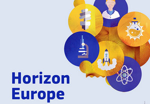 Niebiesko-żółta grafika z napisem Horizon Europe